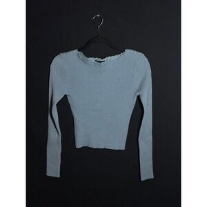 Emerson Lang Light Blue Ribbed Lace Trim Long Sleeve Top Large